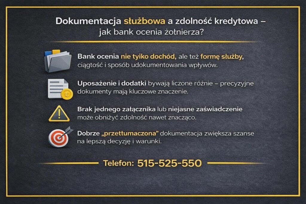 Grafika wyjaśniająca, jak bank analizuje dokumentację służbową przy kredycie mieszkaniowym dla wojskowych w Żarach. Przedstawia znaczenie formy służby, sposobu dokumentowania uposażenia i dodatków oraz ryzyko obniżenia zdolności kredytowej przez brak lub niejasne zaświadczenia.