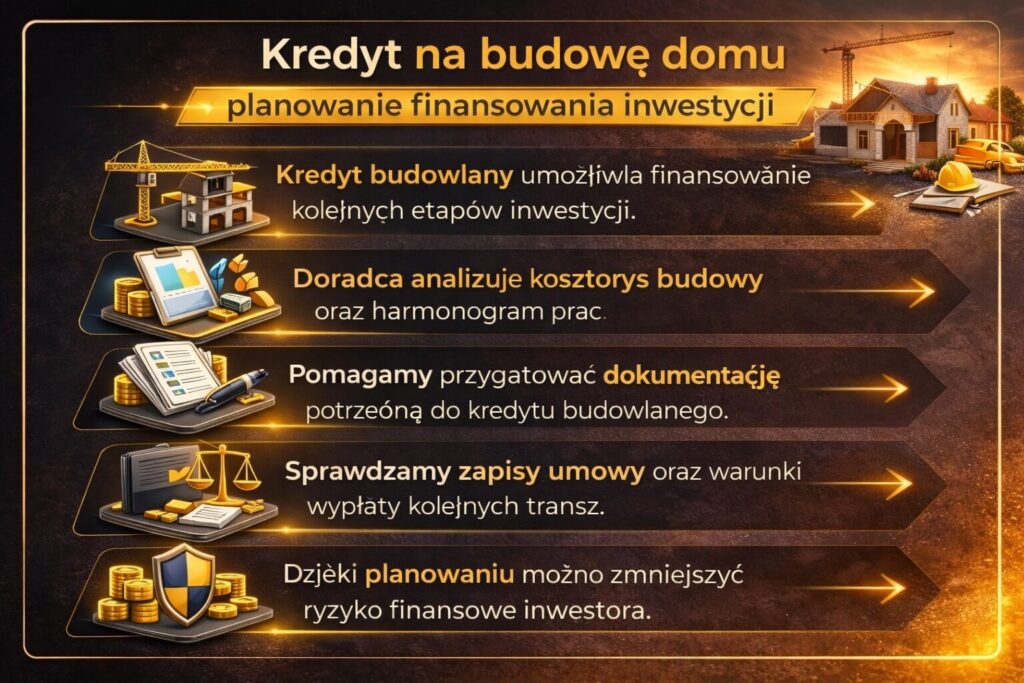 Infografika prezentująca planowanie finansowania budowy domu z pomocą doradcy kredytowego w Lubuskiem. Grafika pokazuje kredyt budowlany, analizę kosztorysu inwestycji i harmonogramu prac, przygotowanie dokumentacji do banku oraz kontrolę zapisów umowy i wypłaty transz.