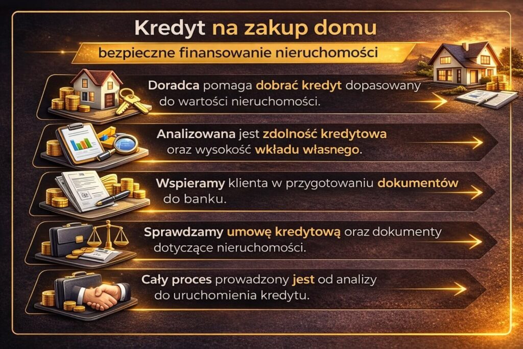 Infografika pokazująca jak doradca finansowy Lubuskie pomaga w uzyskaniu kredytu na zakup domu. Grafika prezentuje analizę zdolności kredytowej, przygotowanie dokumentów, sprawdzenie umowy kredytowej oraz wsparcie klienta od wyboru oferty banku aż do uruchomienia finansowania nieruchomości.