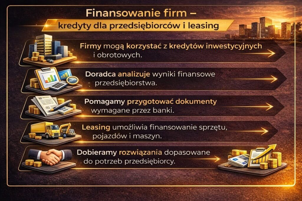 Grafika informacyjna prezentująca usługi jakie oferuje doradca finansowy Lubuskie dla przedsiębiorców. Infografika pokazuje kredyty inwestycyjne i obrotowe, analizę wyników finansowych firmy, pomoc w przygotowaniu dokumentów bankowych oraz leasing sprzętu, pojazdów i maszyn.