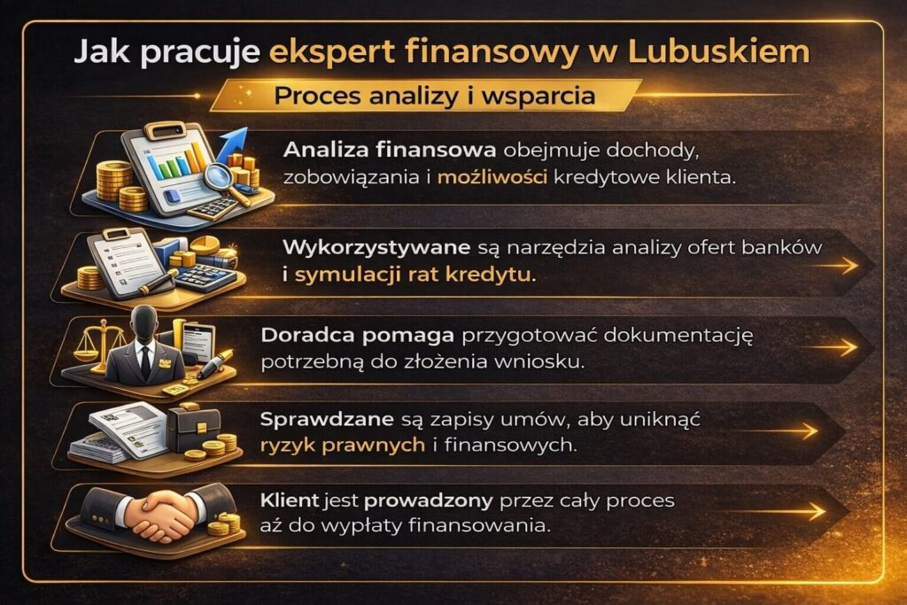 Infografika przedstawiająca jak pracuje doradca finansowy Lubuskie i jak wygląda proces analizy finansowej klienta. Grafika pokazuje analizę dochodów i zobowiązań, porównanie ofert banków, przygotowanie dokumentów do wniosku kredytowego oraz wsparcie podczas całego procesu finansowania.