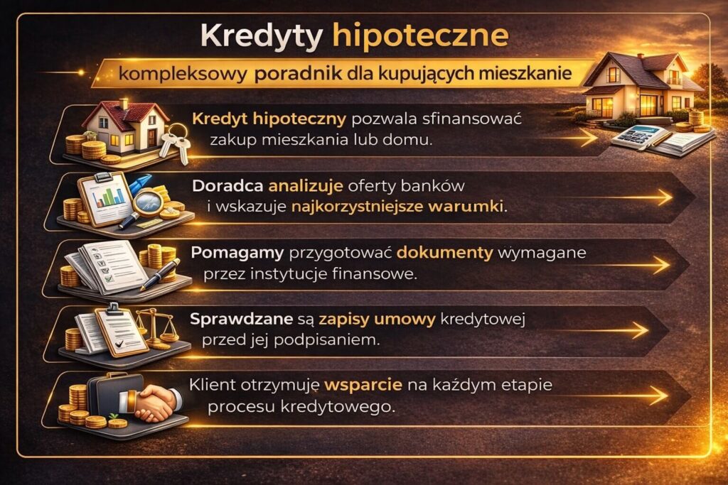 Infografika pokazująca jak ekspert kredytowy z Lubuskiego pomaga w wyborze kredytu hipotecznego. Grafika prezentuje analizę ofert banków, przygotowanie dokumentów kredytowych, sprawdzenie zapisów umowy oraz wsparcie klienta na każdym etapie procesu finansowania nieruchomości.