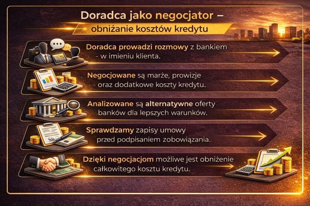 Infografika prezentująca jak specjalista kredytowy z województwa lubuskiego negocjuje warunki kredytu z bankiem. Grafika pokazuje negocjowanie marży i prowizji, analizę alternatywnych ofert banków, sprawdzanie zapisów umowy kredytowej oraz obniżanie całkowitego kosztu kredytu.