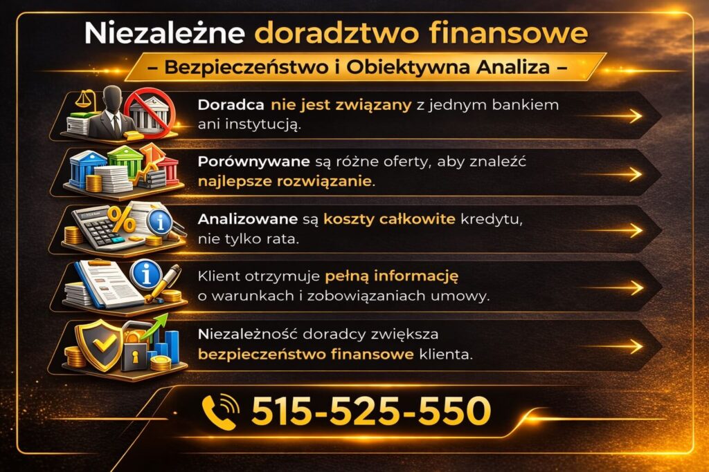 Infografika pokazująca niezależne doradztwo kredytowe w regionie lubuskim. Grafika prezentuje porównywanie ofert wielu banków, analizę całkowitych kosztów kredytu, przekazywanie pełnej informacji o warunkach umowy oraz zwiększanie bezpieczeństwa finansowego klienta.