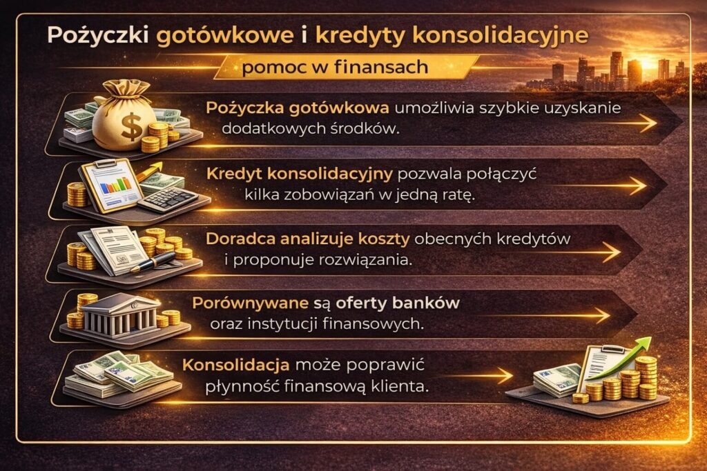 Infografika prezentująca jak doradca finansowy Lubuskie pomaga w wyborze pożyczki gotówkowej lub kredytu konsolidacyjnego. Grafika pokazuje analizę kosztów obecnych zobowiązań, porównanie ofert banków i instytucji finansowych oraz wybór rozwiązania poprawiającego płynność finansową.