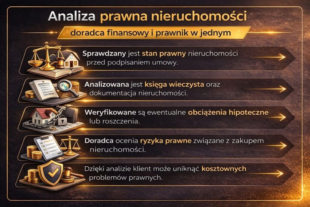 Infografika przedstawiająca jak doradca finansowy Lubuskie będący jednocześnie prawnikiem analizuje stan prawny nieruchomości przed kredytem hipotecznym. Grafika pokazuje sprawdzanie księgi wieczystej, dokumentacji nieruchomości, obciążeń hipotecznych oraz ocenę ryzyka prawnego.