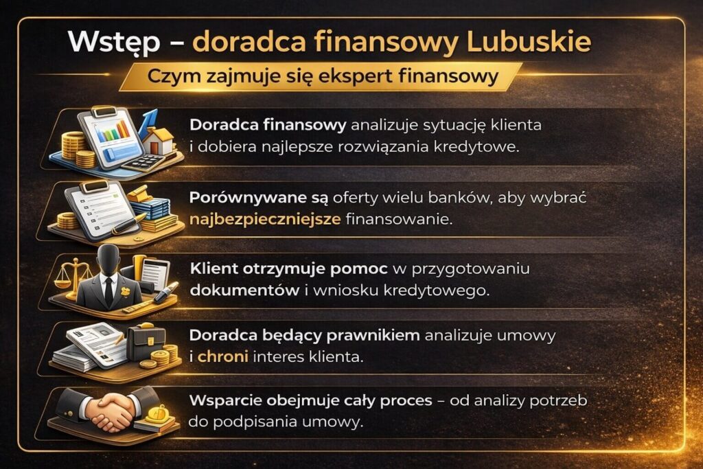 Infografika pokazująca czym zajmuje się ekspert finansowy w województwie lubuskim i jak pomaga klientom w wyborze najlepszego finansowania. Grafika przedstawia analizę sytuacji finansowej klienta, porównanie ofert banków, przygotowanie dokumentów kredytowych oraz wsparcie w całym procesie.