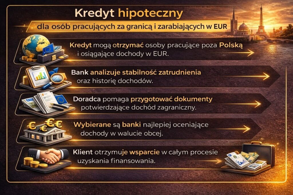 Infografika pokazująca jak doradca finansowy Lubuskie pomaga w uzyskaniu kredytu hipotecznego osobom pracującym za granicą i zarabiającym w euro. Grafika prezentuje analizę dochodów w EUR, przygotowanie dokumentów, wybór banków akceptujących zagraniczne dochody oraz wsparcie w całym procesie kredytowym.