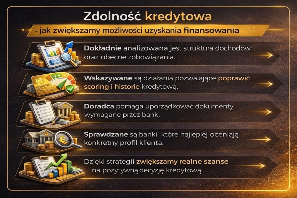 Infografika przedstawiająca jak doradca finansowy Lubuskie analizuje i zwiększa zdolność kredytową klienta przed złożeniem wniosku o kredyt. Grafika pokazuje analizę dochodów i zobowiązań, poprawę historii kredytowej, przygotowanie dokumentów dla banku oraz dobór instytucji finansowej.