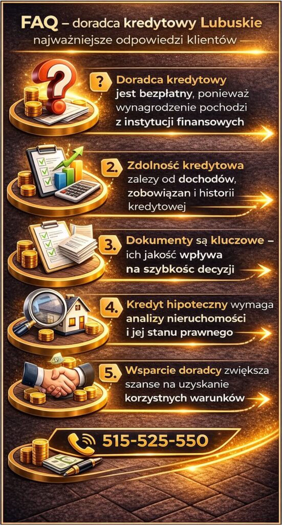 Doradca kredytowy Lubuskie odpowiada na najczęstsze pytania klientów dotyczące kredytów hipotecznych, zdolności kredytowej i dokumentów – eksperckie wsparcie pozwala szybciej uzyskać decyzję i uniknąć błędów formalnych.