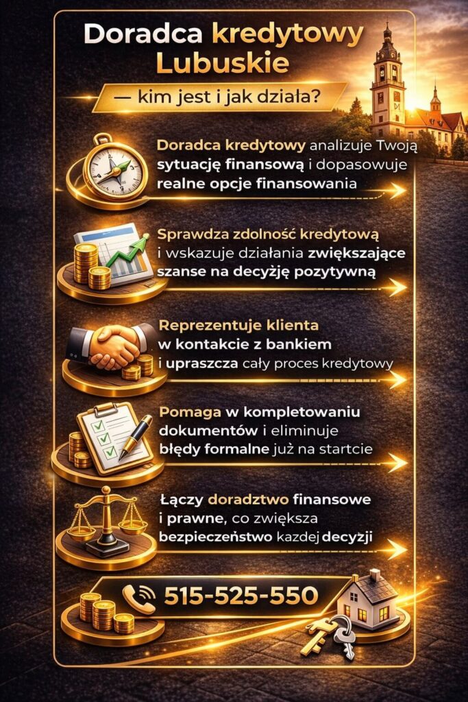 Doradca kredytowy lubuskie na grafice wyjaśnia swoją rolę – analiza sytuacji finansowej, sprawdzanie zdolności kredytowej, reprezentowanie klienta w banku oraz wsparcie formalne i prawne. Kompleksowa pomoc przy uzyskaniu kredytu hipotecznego i zwiększeniu szans na decyzję.