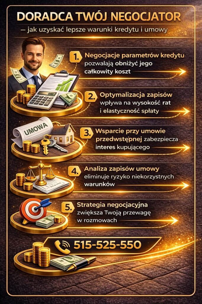 Doradca finansowy Lubuskie jako negocjator pomaga obniżyć koszt kredytu hipotecznego – optymalizacja zapisów umowy i wsparcie przy negocjacjach zwiększają korzyści klienta i poprawiają warunki finansowania.