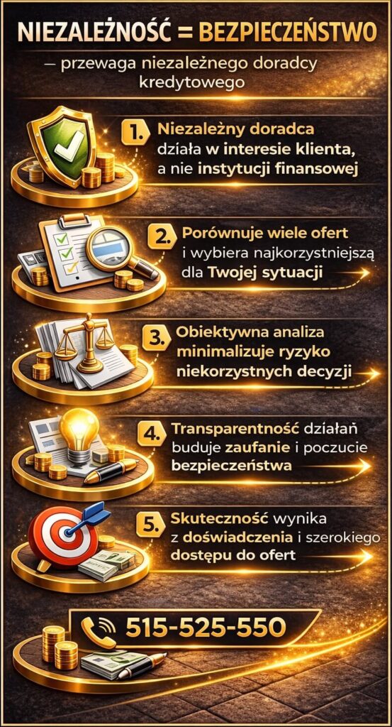 Niezależny doradca kredytowy z Lubuskiego działa w interesie klienta – porównuje oferty, analizuje ryzyko i zapewnia transparentność, co zwiększa bezpieczeństwo decyzji finansowych i pozwala uniknąć niekorzystnych warunków.
