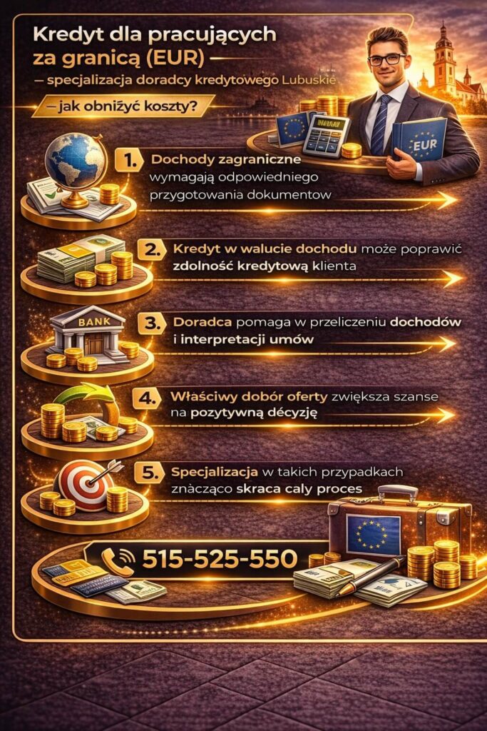 Doradca finansowy Lubuskie specjalizuje się w kredytach dla osób pracujących za granicą – analiza dochodów w EUR, interpretacja dokumentów i dobór oferty zwiększają szanse na uzyskanie kredytu hipotecznego.