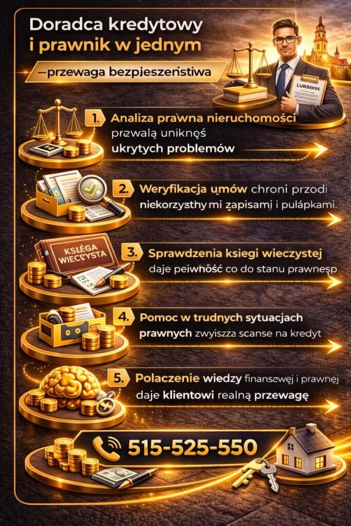 Ekspert kredytowy i prawnik w jednym w Lubuskiem zapewnia bezpieczeństwo transakcji – analiza umów, weryfikacja księgi wieczystej i wsparcie przy problemach prawnych chronią klienta przed ryzykiem finansowym.