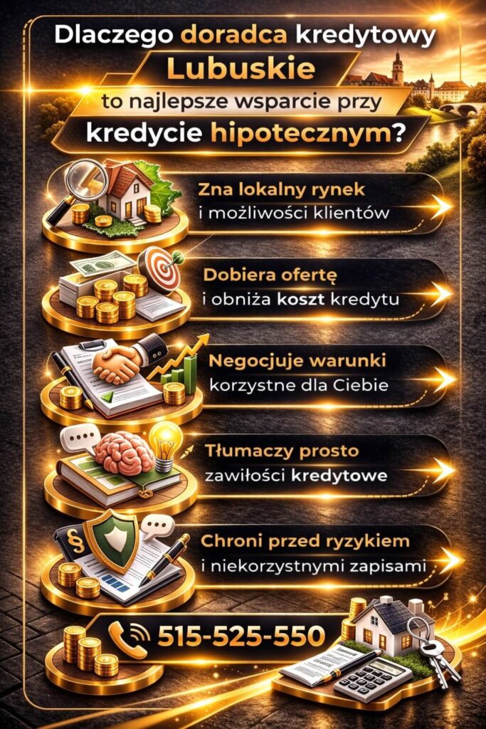 Doradca kredytowy lubuskie przedstawiony na infografice jako wsparcie przy kredycie hipotecznym – analiza rynku, dobór oferty, negocjacje warunków oraz ochrona klienta przed ryzykiem. Profesjonalne doradztwo finansowe zwiększające bezpieczeństwo decyzji kredytowej.