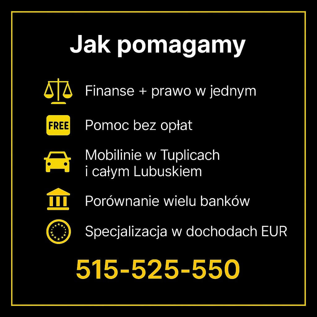 Doradca kredytowy Tuplice: finanse + prawo w jednym, bezpłatna pomoc, mobilnie w Tuplicach i całym Lubuskiem, porównanie ofert wielu banków, specjalizacja w dochodach EUR. Kontakt: 515-525-550.