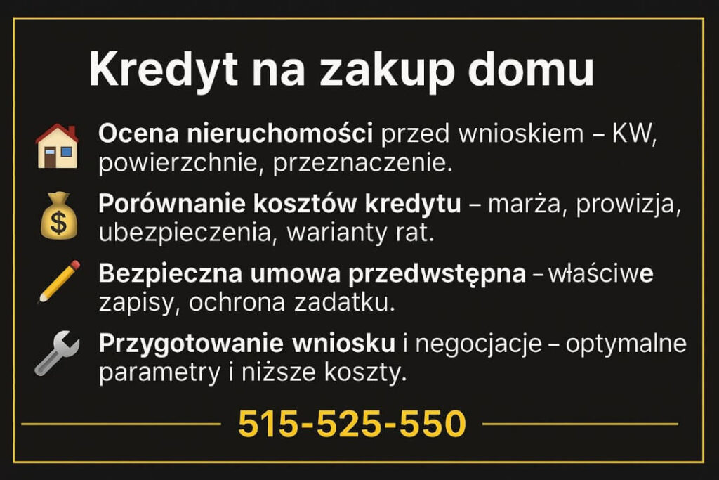 Infografika przedstawiająca ofertę doradcy finansowego Lubuskie przy kredycie na zakup domu: ocena nieruchomości, porównanie kosztów kredytu, analiza umowy przedwstępnej i przygotowanie wniosku. Czarne tło, emoji i numer telefonu 515-525-550.