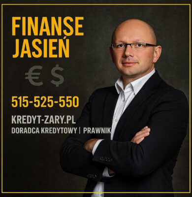 Doradca kredytowy i prawnik prezentujący ofertę „Finanse Jasień” na eleganckiej grafice w złotej ramce. W centralnej części widoczny jest numer kontaktowy 515-525-550 oraz adres kredyt-zary.pl. Grafika podkreśla profesjonalne doradztwo finansowe i pomoc przy kredytach mieszkaniowych i hipotecznych.