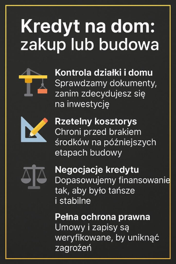 Grafika edukacyjna kredyt Jasień omawiająca proces zakupu lub budowy domu: kontrola działki i nieruchomości, rzetelny kosztorys budowy, negocjacje kredytu oraz pełna ochrona prawna dokumentów. Ciemne tło ze złotą ramką podkreśla profesjonalny charakter materiału.