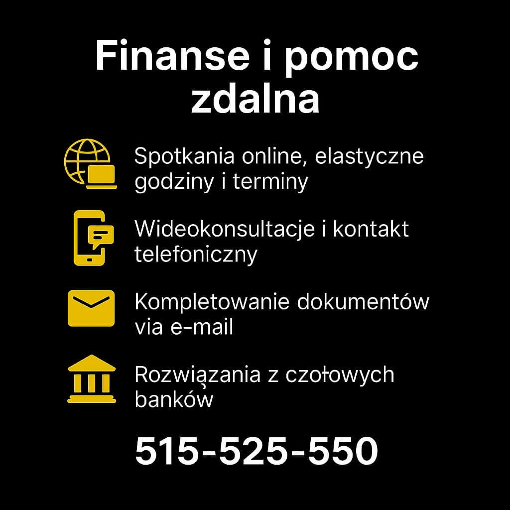 Spotkania online w elastycznych terminach, wideokonsultacje i kontakt telefoniczny, kompletowanie dokumentów e-mailem, rozwiązania z czołowych banków. Doradca kredytowy Tuplice. Telefon: 515-525-550.