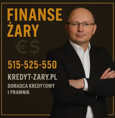 Doradca kredytowy i prawnik z Żar prezentujący ofertę „Finanse Żary”, numer kontaktowy 515-525-550 oraz adres kredyt-zary.pl. Profesjonalny wizerunek eksperta finansowego, podkreślający bezpieczeństwo, analizę kredytową i indywidualne doradztwo dla mieszkańców Żar i regionu Lubuskiego.