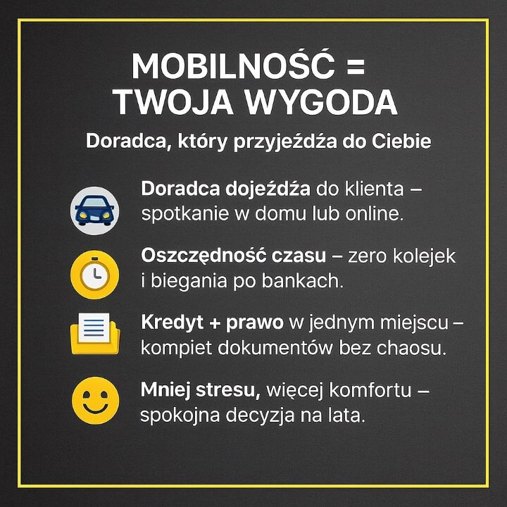 Infografika o tym, jak doradca pomaga uzyskać kredyt w mobilnym i wygodnym modelu obsługi. Przedstawia korzyści: dojazd do klienta, oszczędność czasu, pełne przygotowanie dokumentów oraz mniejszy stres dzięki kompleksowemu wsparciu.