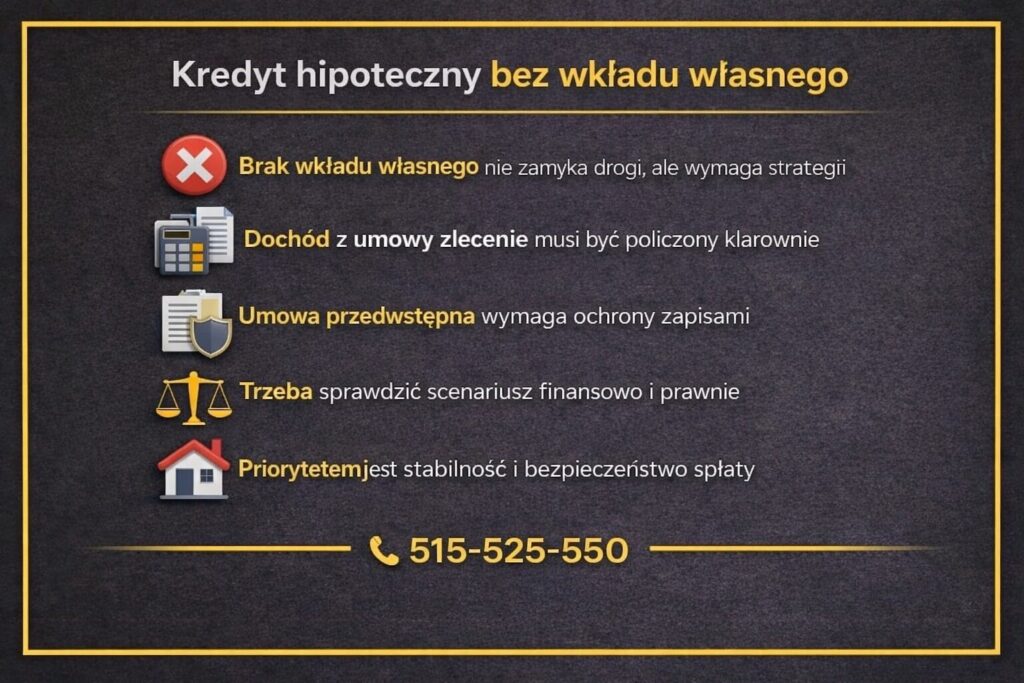Kredyt hipoteczny umowa zlecenie Żary - grafika informacyjna wyjaśniająca, że brak wkładu własnego nie zamyka drogi do finansowania. Wskazano konieczność prawidłowego liczenia dochodu z umowy zlecenie, analizy umowy przedwstępnej oraz zabezpieczenia kredytu finansowo i prawnie.