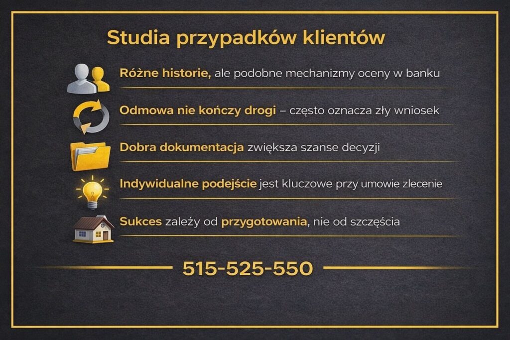 Kredyt hipoteczny umowa zlecenie Żary - grafika prezentująca studia przypadków klientów o różnych historiach dochodowych. Pokazuje, że odmowa kredytu nie kończy drogi, a dobrze przygotowana dokumentacja i indywidualne podejście zwiększają szanse na pozytywną decyzję banku.