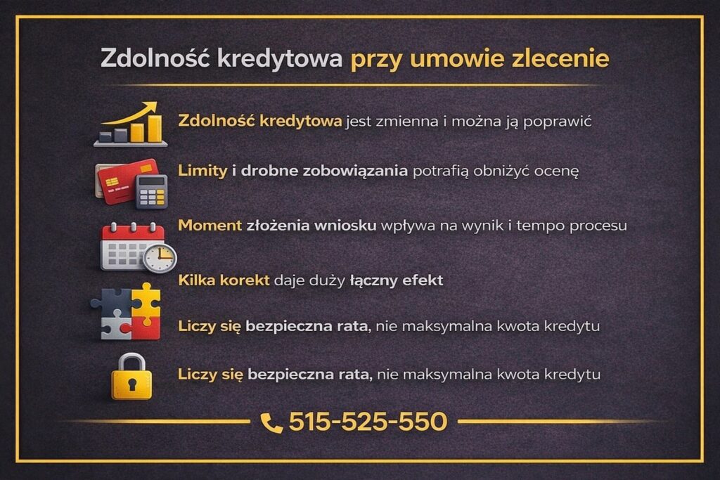 Zdolność kredytowa przy umowie zlecenie a kredyt hipoteczny w Żarach - grafika pokazująca, że zdolność można poprawić. Wskazuje wpływ limitów kredytowych, momentu złożenia wniosku, długości okresu kredytowania oraz znaczenie bezpiecznej raty zamiast maksymalnej kwoty.