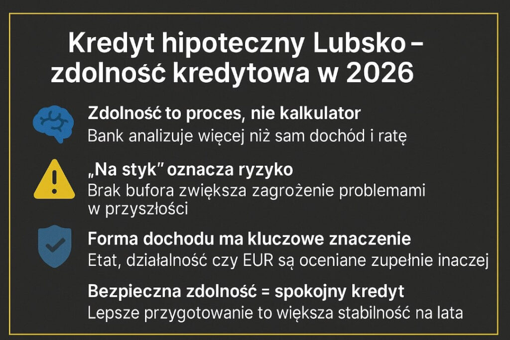 Kredyt hipoteczny Lubsko – infografika wyjaśniająca, jak liczona jest zdolność kredytowa w 2026 roku. Bank analizuje więcej niż dochód i ratę, forma dochodu ma znaczenie, a bezpieczna zdolność kredytowa oznacza stabilny i spokojny kredyt na lata.