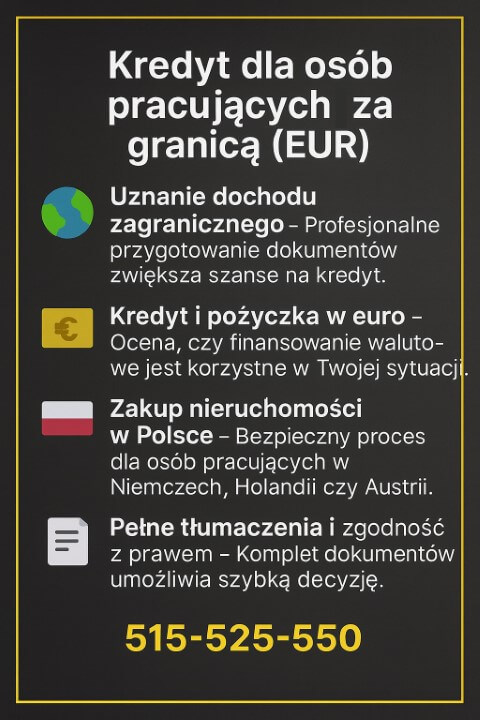 Infografika dotycząca możliwości finansowania dla osób pracujących za granicą, pokazująca uznanie dochodu, kredyt i pożyczkę w euro oraz zakup nieruchomości w Polsce. Przekaz podkreśla profesjonalną pomoc w procesie wraz z numerem kontaktowym 515-525-550.