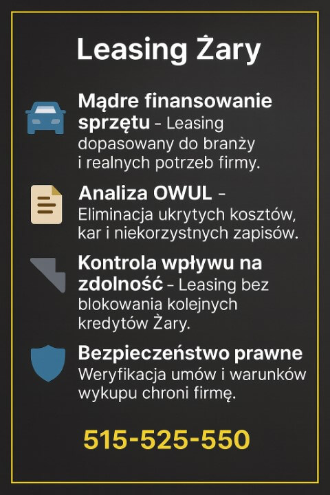 Infografika prezentująca najważniejsze aspekty leasingu dla firm: finansowanie sprzętu, analizę OWUL, kontrolę wpływu na zdolność oraz bezpieczeństwo prawne. Motyw graficzny podkreśla lokalną usługę, a u dołu widnieje numer kontaktowy 515-525-550.