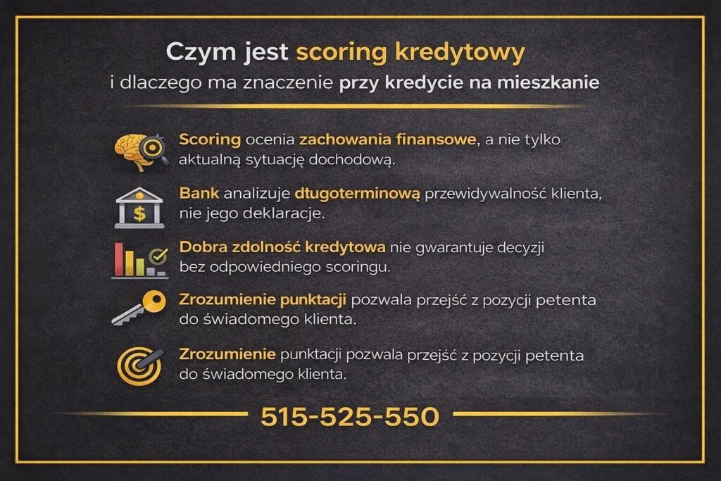 Scoring kredytowy wyjaśniony w kontekście kredytu na mieszkanie - grafika pokazuje, że bank ocenia zachowania finansowe i długoterminową przewidywalność klienta, a nie tylko dochody. Zrozumienie punktacji scoringowej zwiększa szanse na pozytywną decyzję kredytową