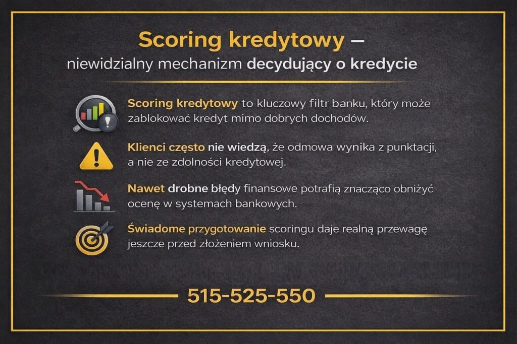 Scoring kredytowy jako kluczowy filtr bankowy, który może zablokować kredyt hipoteczny mimo dobrych zarobków. Grafika podkreśla, że odmowa często wynika z niskiej punktacji, a nie ze zdolności kredytowej, oraz pokazuje przewagę świadomego przygotowania scoringu