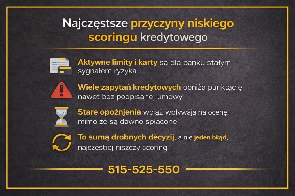 Scoring kredytowy obniżany przez aktywne limity, liczne zapytania i stare opóźnienia - grafika pokazuje, że to suma drobnych decyzji finansowych najczęściej niszczy ocenę w systemach bankowych i prowadzi do odmowy kredytu hipotecznego