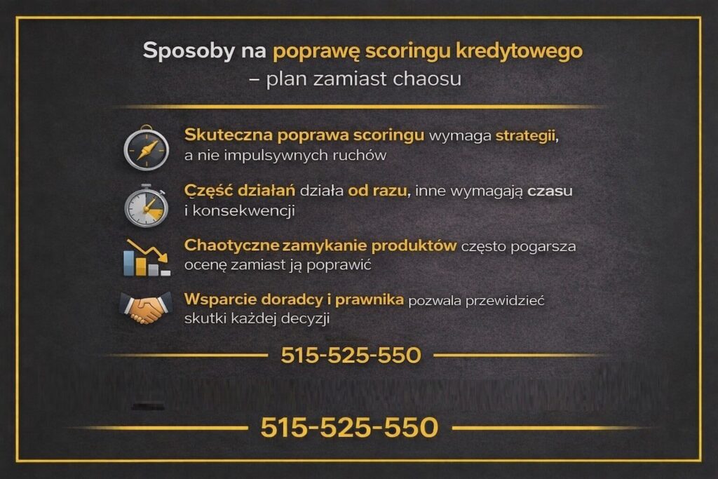 Ocena punktowa klienta w banku może zostać poprawiona dzięki strategii zamiast impulsywnych działań. Grafika pokazuje, że uporządkowany plan, czas i konsekwencja oraz wsparcie doradcy kredytowego i prawnika pozwalają bezpiecznie zwiększyć wiarygodność kredytową