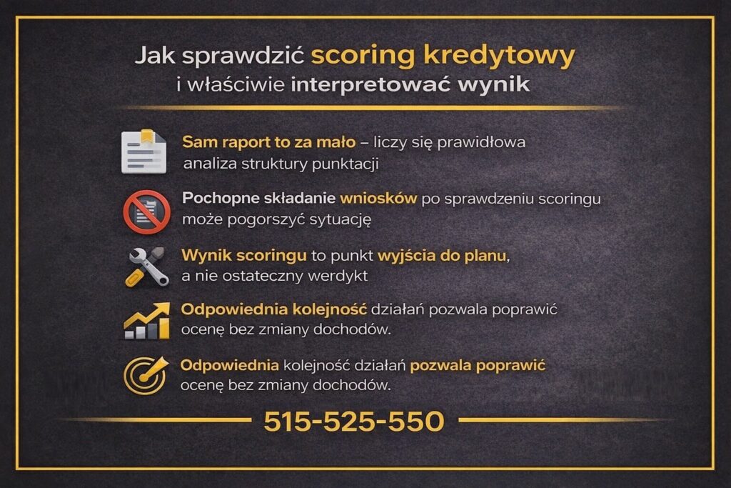 Punktacja kredytowa klienta banku wymaga prawidłowej interpretacji, a nie tylko pobrania raportu. Grafika pokazuje, że pochopne składanie wniosków po sprawdzeniu wyniku może pogorszyć sytuację, a właściwa kolejność działań poprawia ocenę bez zmiany dochodów