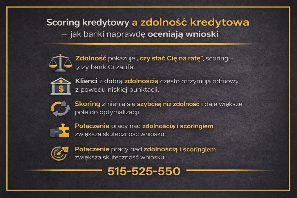 Porównanie punktacji kredytowej i zdolności kredytowej pokazuje, że bank ocenia nie tylko możliwość spłaty raty, ale też zaufanie do klienta. Grafika wyjaśnia, dlaczego połączenie pracy nad oceną punktową i zdolnością zwiększa skuteczność wniosku hipotecznego