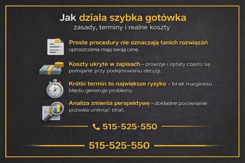 Infografika wyjaśniająca jak działa szybka gotówka, uwzględniając uproszczone procedury, realne koszty, krótkie terminy spłaty i ukryte opłaty. Grafika podkreśla znaczenie analizy umowy przed podjęciem zobowiązania finansowego.