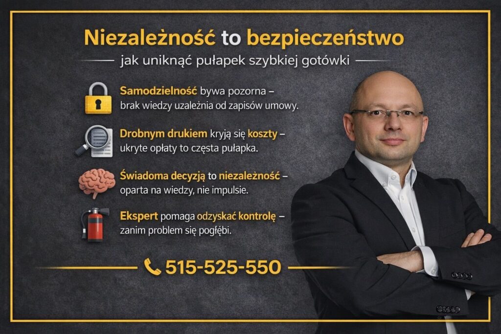 Szybka gotówka w ujęciu negocjacyjnym - grafika pokazuje rolę doradcy kredytowego jako reprezentanta klienta przy rozmowach z instytucjami finansowymi. Ilustracja akcentuje obniżanie kosztów, zapisy umowne i zabezpieczenie przyszłych decyzji.