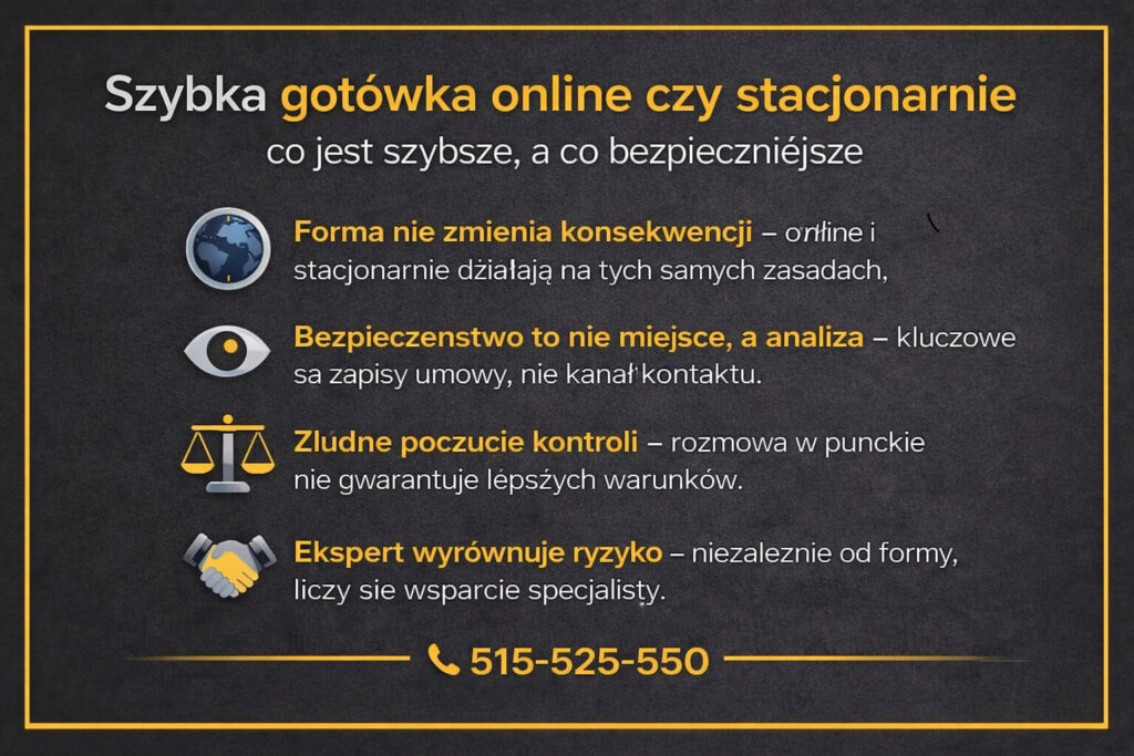 Pożyczka gotówkowa online i stacjonarna porównane pod kątem bezpieczeństwa, ryzyka i konsekwencji finansowych. Infografika wskazuje, że forma zawarcia umowy nie zmienia zapisów, a kluczowa jest analiza warunków i wsparcie specjalisty.