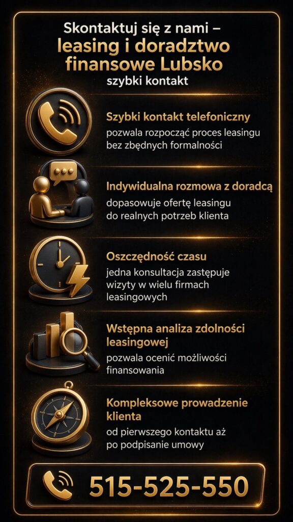 Leasing dla firm Lubsko – szybki kontakt i kompleksowe doradztwo finansowe. Infografika przedstawia wsparcie eksperta od analizy zdolności po podpisanie umowy, oszczędność czasu, indywidualne podejście oraz zwiększenie szans na uzyskanie finansowania.