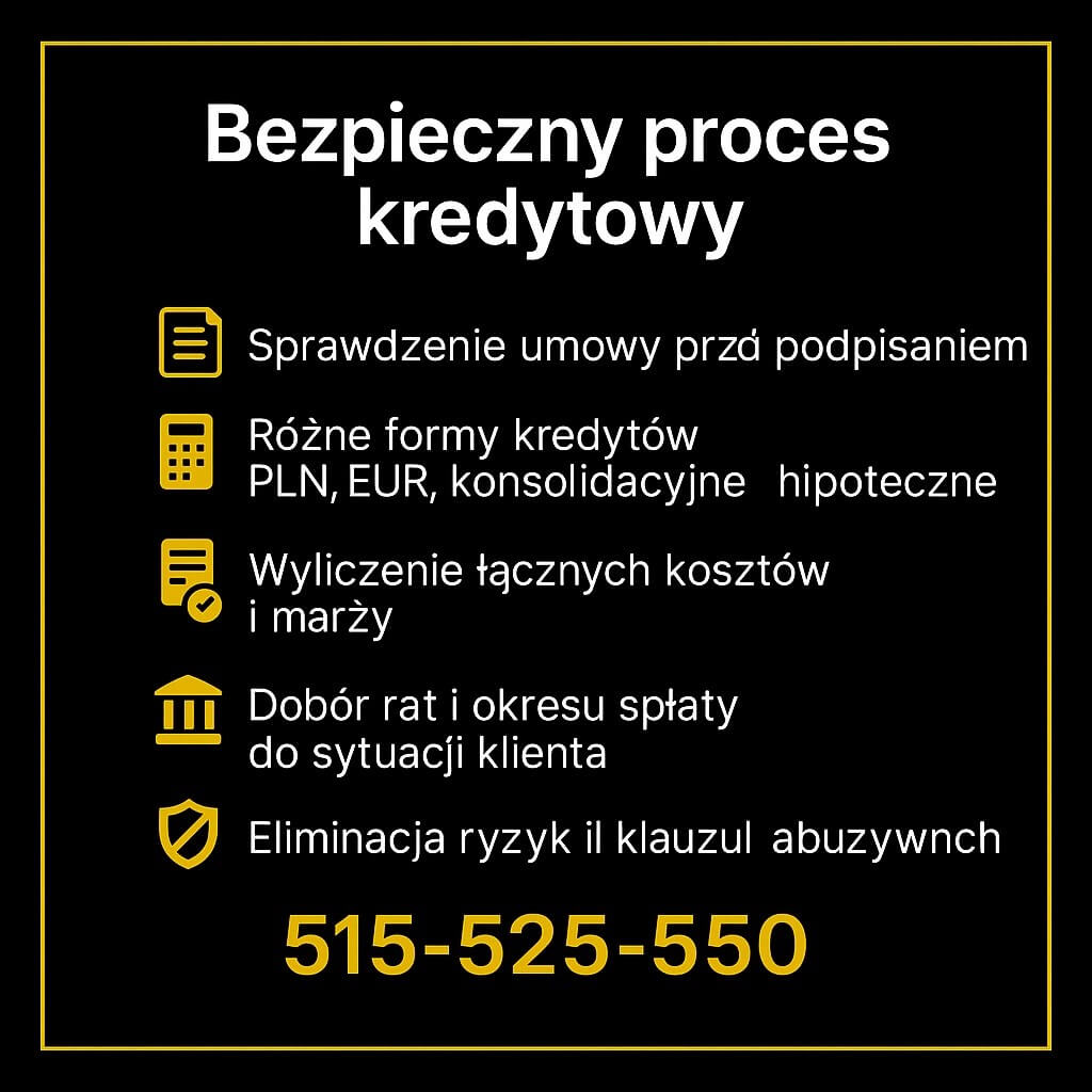 Bezpieczny proces kredytowy w Tuplicach – doradca finansowy i prawnik w jednym. Sprawdzamy umowy, weryfikujemy oferty, eliminujemy ryzyka i klauzule abuzywne. Skorzystaj z pomocy eksperta i wybierz kredyt dopasowany do Twoich potrzeb.