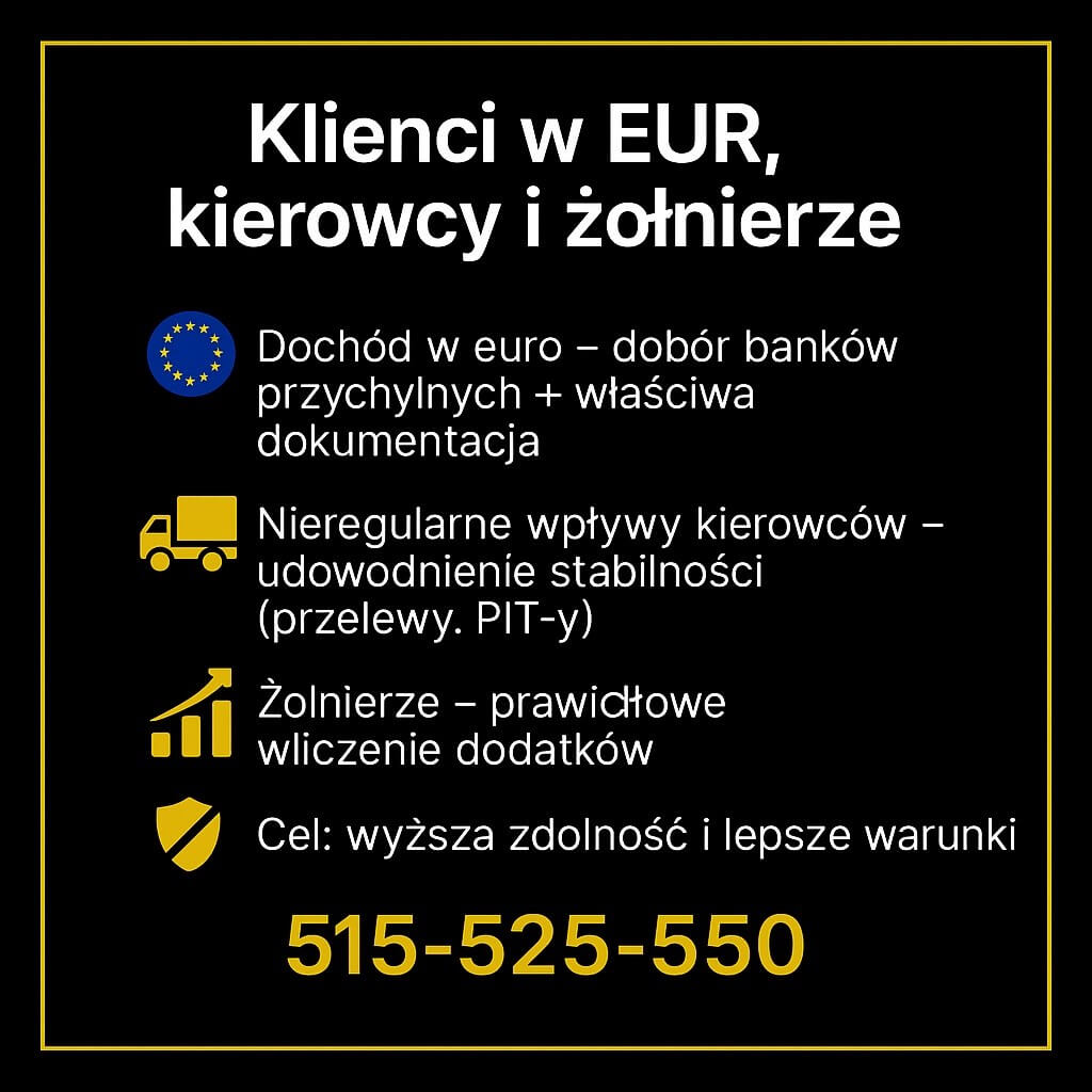 Kredyt dla pracujących w EUR, kierowców i żołnierzy – Tuplice. Pomagamy udowodnić stabilność dochodu, wyliczyć zdolność i dobrać bank przychylny Twojej sytuacji. Doradca finansowy 515-525-550 – kompleksowa obsługa w Polsce i za granicą.