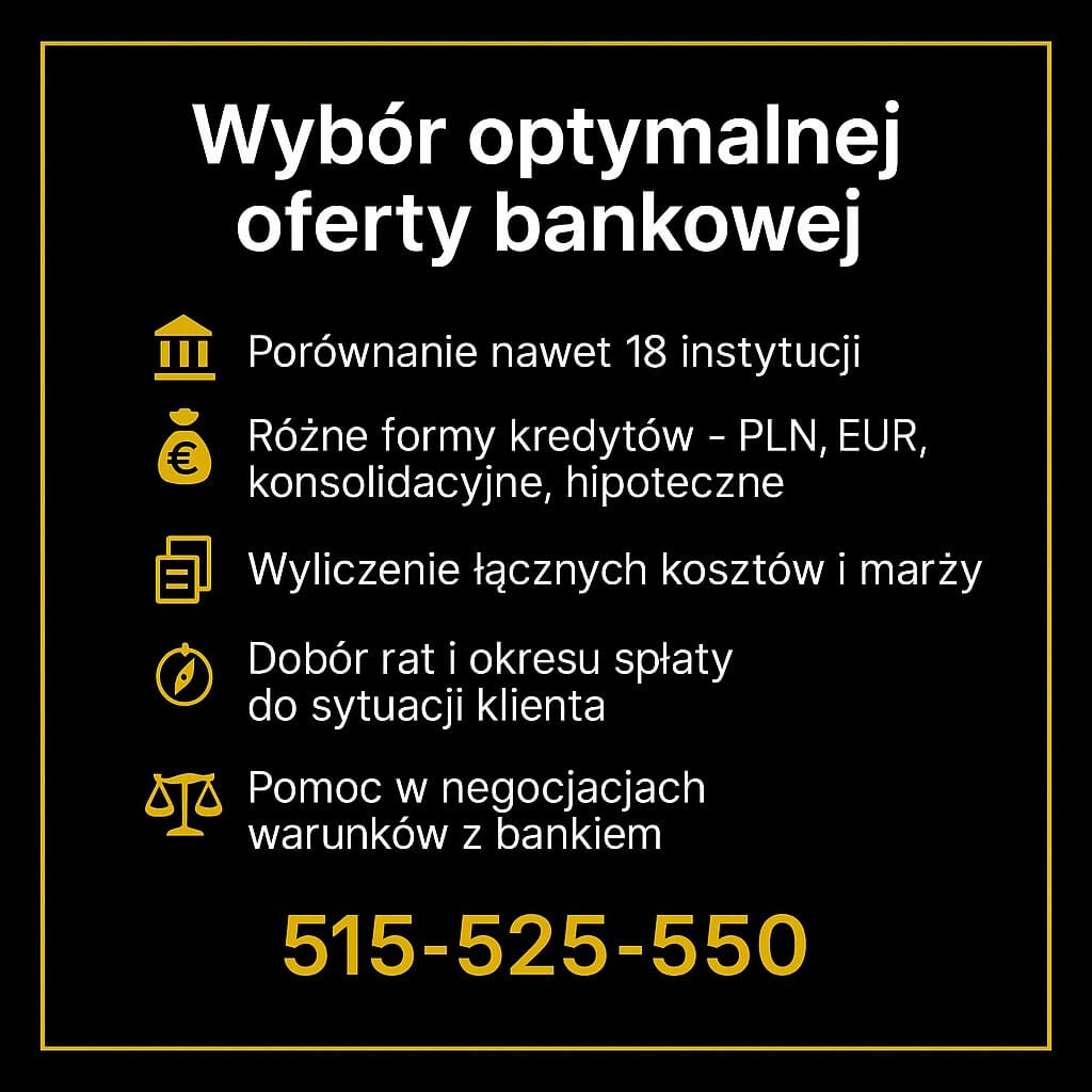 Porównujemy oferty 18 banków, analizujemy koszty, pomagamy negocjować marże i prowizje. Wybierz najlepszy kredyt hipoteczny dopasowany do Twoich możliwości i uniknij nadpłacania dzięki wsparciu eksperta.