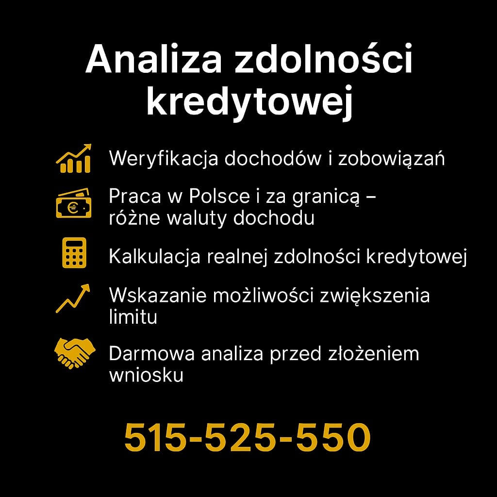 Analiza zdolności kredytowej Tuplice – sprawdzamy dochody, zobowiązania i walutę wynagrodzenia. Darmowa konsultacja i wskazanie, jak zwiększyć zdolność kredytową. Doradca finansowy 515-525-550 – profesjonalna pomoc w finansach.