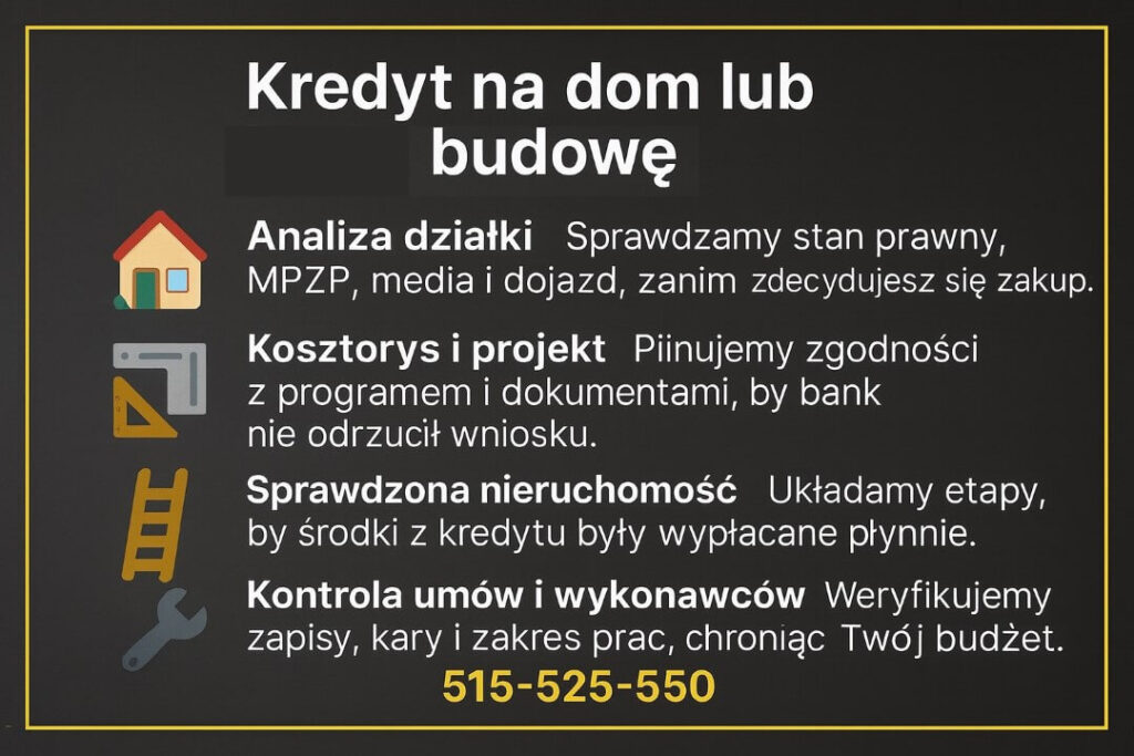 Finanse Nowogród Bobrzański – infografika dotycząca kredytu na dom lub budowę, pokazująca analizę działki, kosztorysu, dokumentów oraz kontroli wykonawców. Materiał doradcy kredytowego i prawnika wspierającego klientów w planowaniu inwestycji.