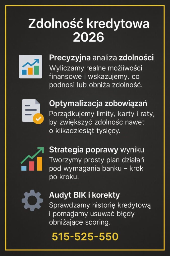 Finanse Nowogród Bobrzański – grafika prezentująca zasady oceny zdolności kredytowej: analizę dochodów, optymalizację zobowiązań, strategię poprawy wyniku oraz audyt BIK. Pomoc eksperta dla osób planujących kredyt mieszkaniowy w regionie.