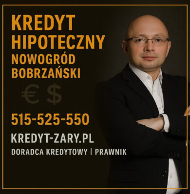 Profesjonalna grafika doradcy kredytowego i prawnika obsługującego kredyty hipoteczne w Nowogrodzie Bobrzańskim, przedstawiająca eksperta na ciemnym tle z żółto-złotą ramką, numerem telefonu 515-525-550 oraz informacjami o specjalizacji w bezpiecznym finansowaniu zakupu mieszkania lub domu.
